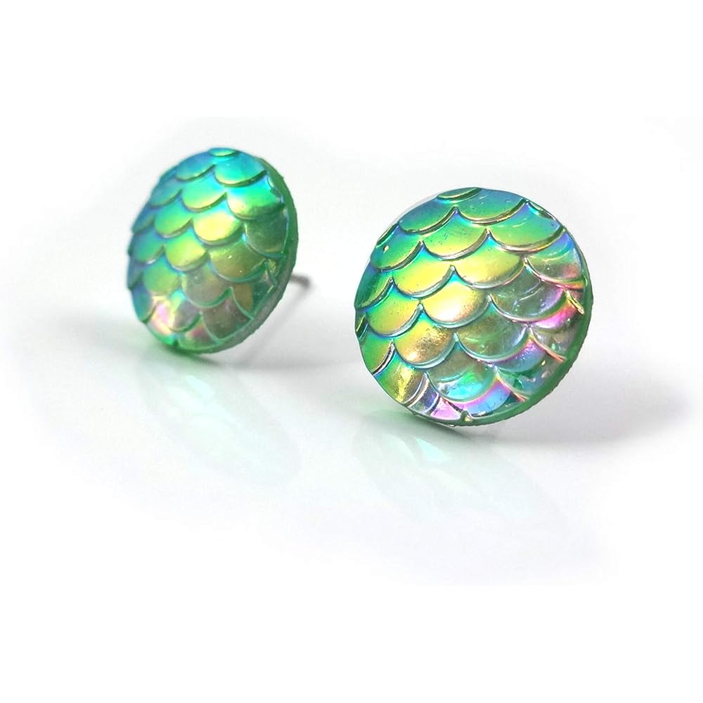 Mint Green Iridescent Rainbow Mermaid Scale Stud Earrings 12mm