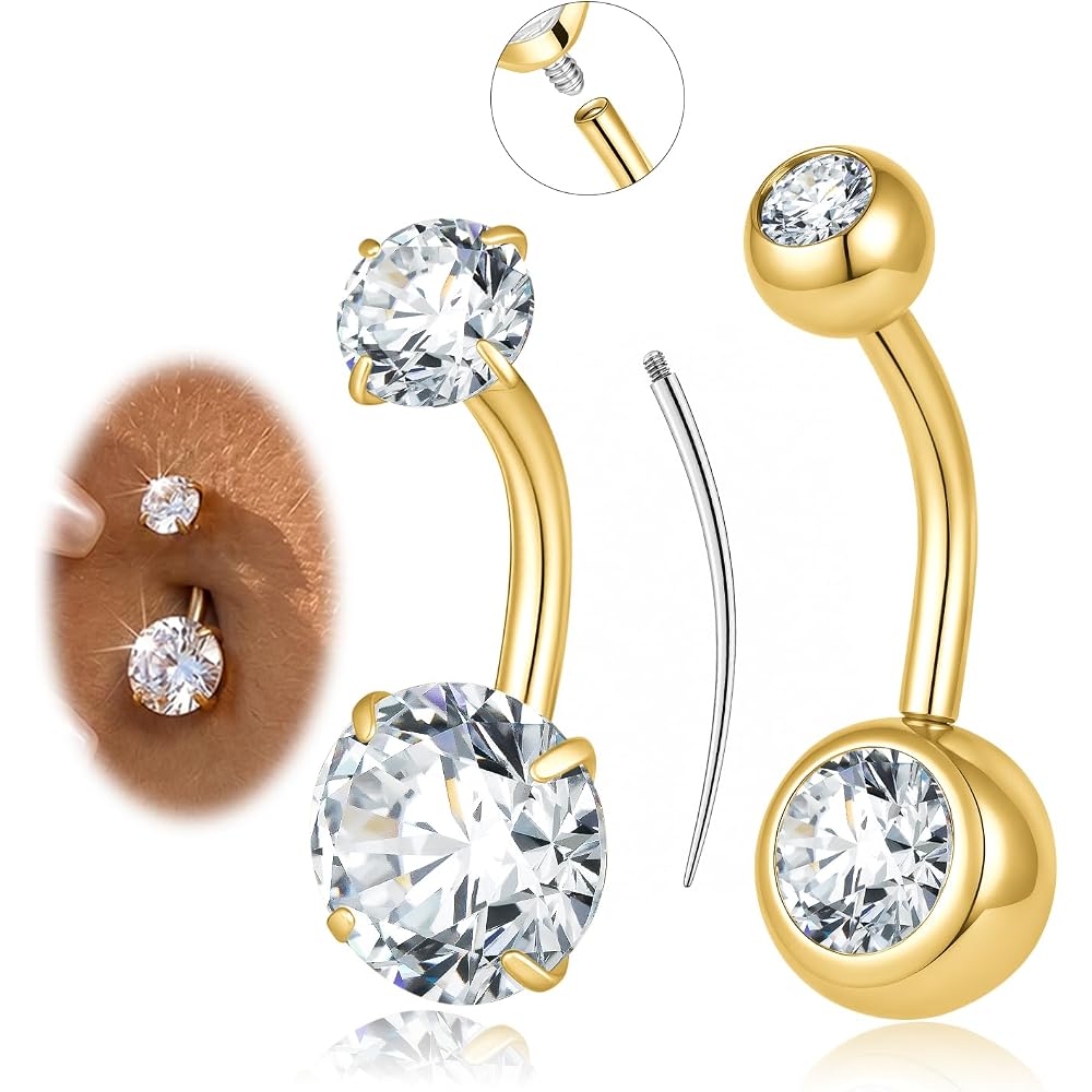 Belly Button Ring Gold Silver, 14G Navel Piercing Hypoallergenic Surgical Steel Belly Button Rings for Women Men Internally Threaded Small Navel Rings with CZ 8mm 10mm Short Navel Jewelry