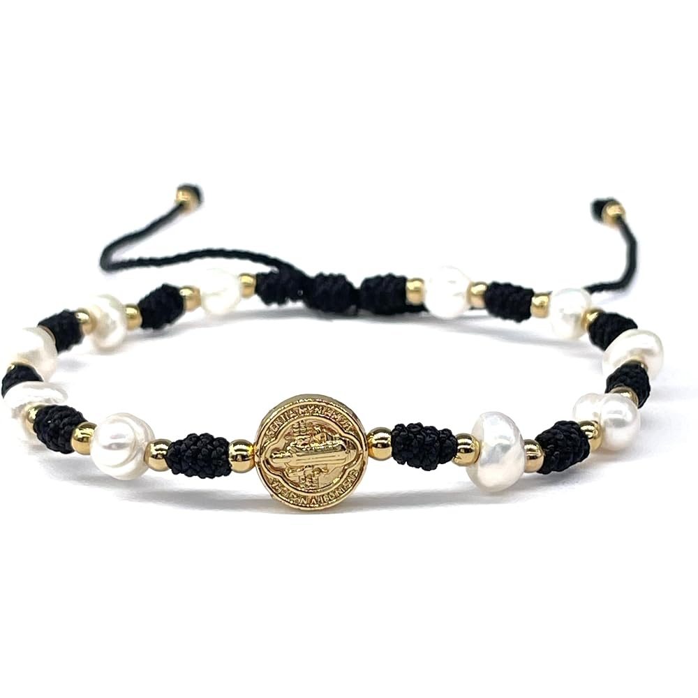 Cultured Freshwater Pearl Bracelet With St Benedict Medal on Adjustable Red String for Women