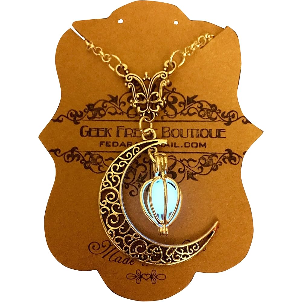 Silver Crescent Moon with Glow In The Dark Caged Essence Steampunk Cosplay Costume Pendant Necklace
