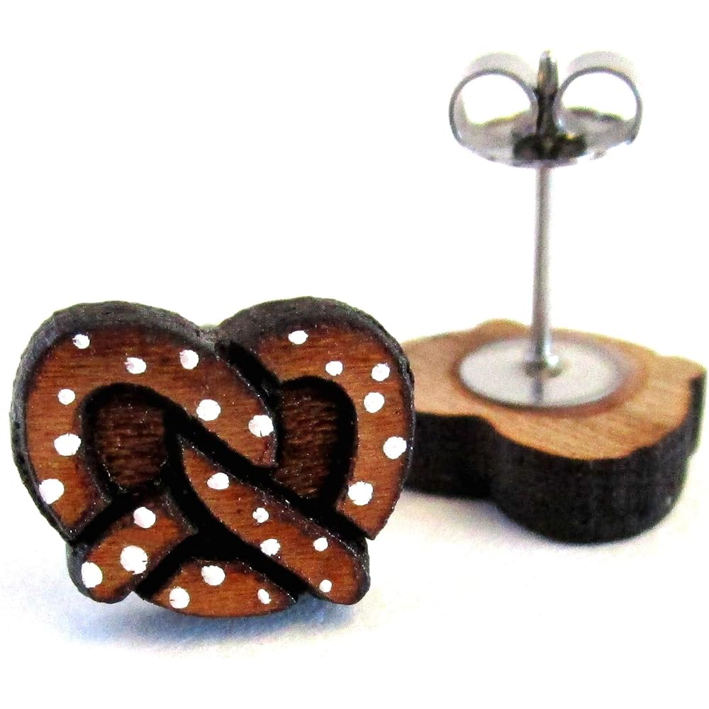 Oktoberfest German Salted Pretzel Nickel Free Hypoallergenic Stud Earrings, Funny Circus Faire Stadium Food Hand Painted Cherry Wood Stud Earrings Jewelry