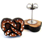 Oktoberfest German Salted Pretzel Nickel Free Hypoallergenic Stud Earrings, Funny Circus Faire Stadium Food Hand Painted Cherry Wood Stud Earrings Jewelry
